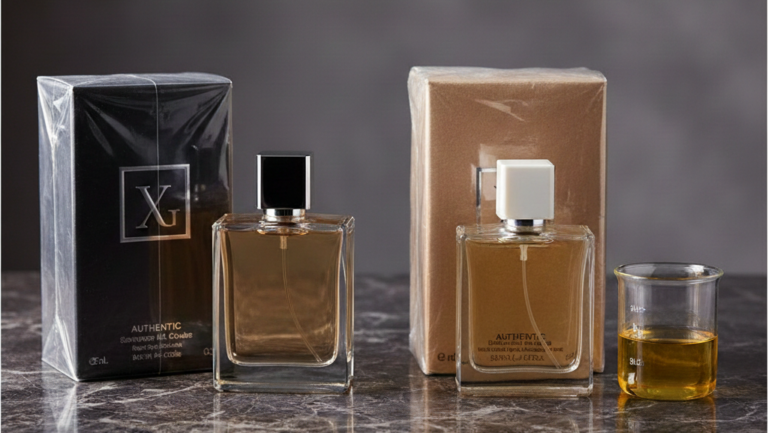 Obraz przedstawia elegancką kompozycję produktową, utrzymaną w estetyce luksusowej marki perfumeryjnej